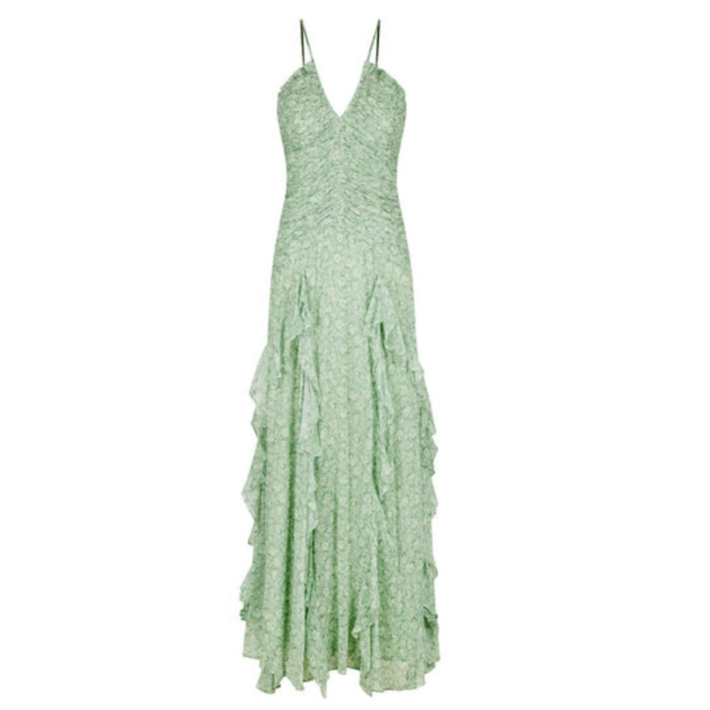 NWT Shona Joy Aurore Ruched Frill Maxi Dress in Thyme Multi, US Size 6